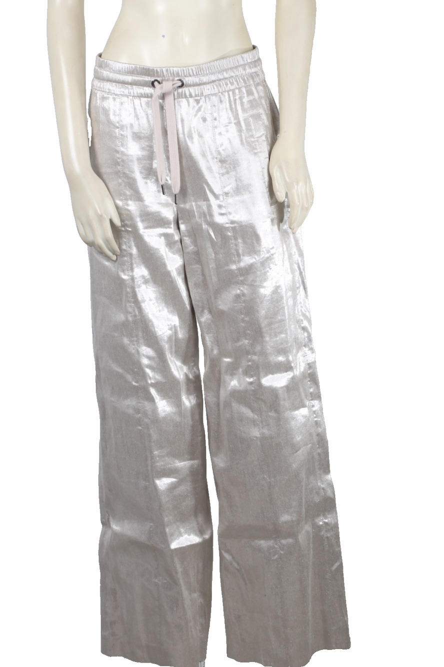 BRUNELLO CUCINELLI Metallic Silver Linen Blend Drawstring Wide Leg Pants Size 6